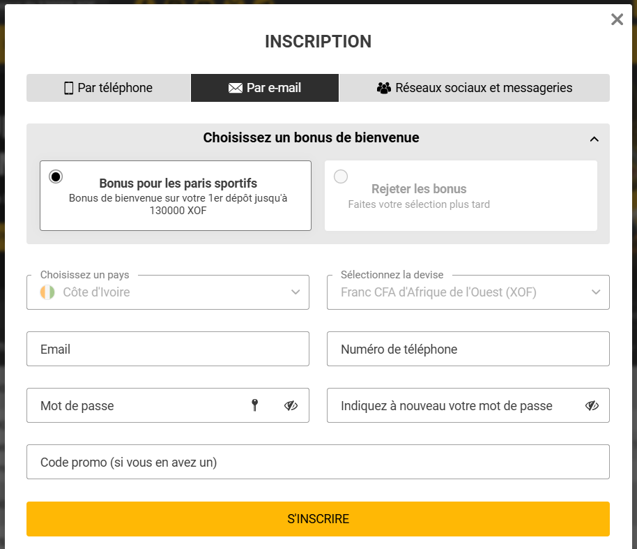 Inscription à Melbet par e-mail